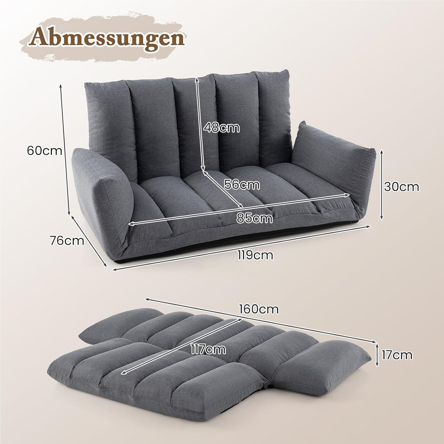 Slaapbank – Sofa – Vloerbank – Bedbank – Slaapzetel – 5-standen rugleuning – Verstelbare armleuningen – Grijs – Met Metaalframe