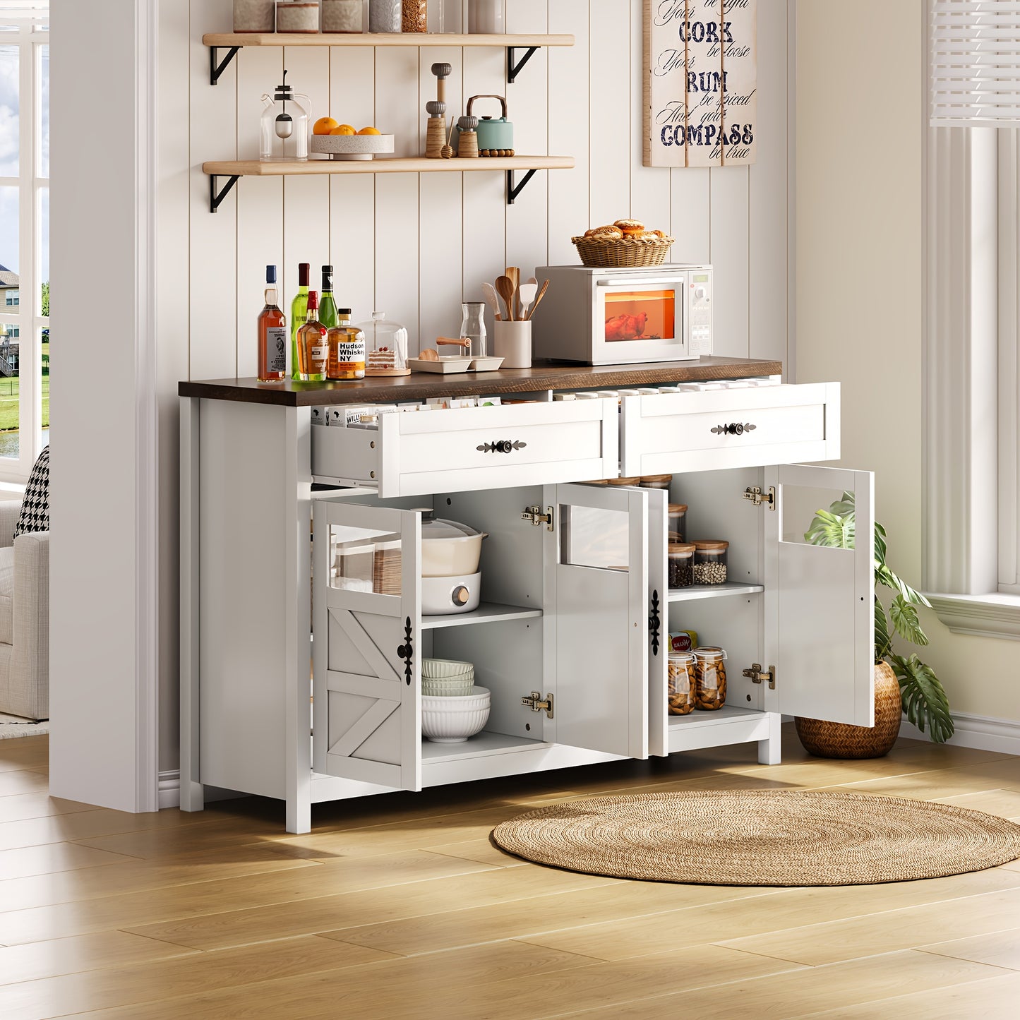 Dressoirkast – Sideboard – Opbergkast – Buffetkast – Kastenmeubel – Wit – 140 cm lang – Bamboe – Duurzaam – 4 Deuren – 2 Lades – Modern – Minimalistisch – Multifunctioneel