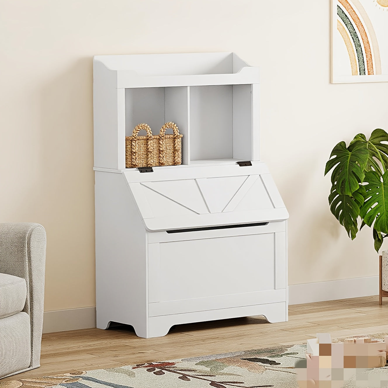 Boekenkast – Boekenplank – Opbergkast – Wandkast – Vakkenkast – 120 cm Hoog – Wit – Met Opbergruimte En Lift-Up Deksel