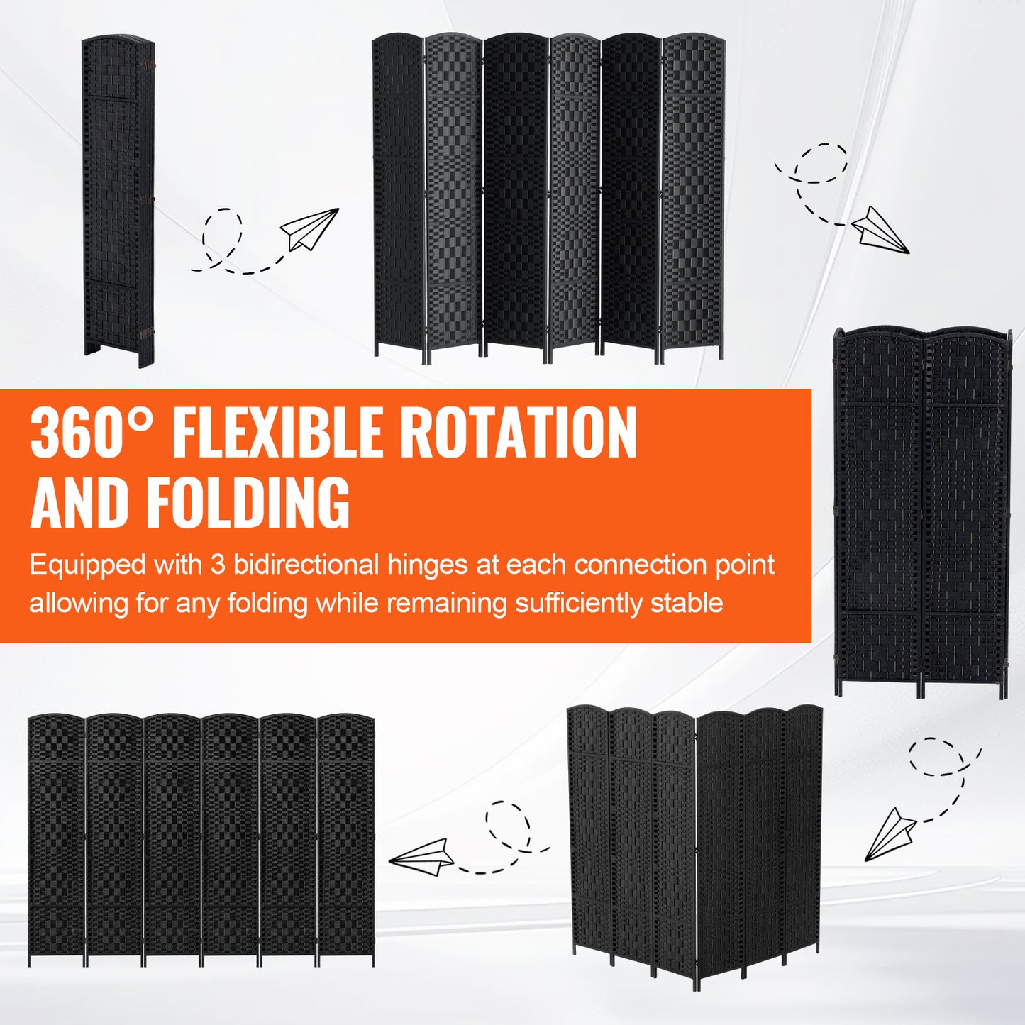 Kamerverdeler – Ruimteverdeler – Scheidingswand – Privacy Scherm – 6 Panelen – Paulownia Hout – Handgeweven Rattan – 360° Draaibaar – Zwart
