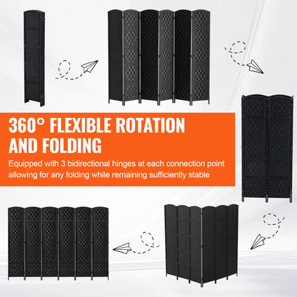 Kamerverdeler – Ruimteverdeler – Scheidingswand – Privacy Scherm – 6 Panelen – Paulownia Hout – Handgeweven Rattan – 360° Draaibaar – Zwart