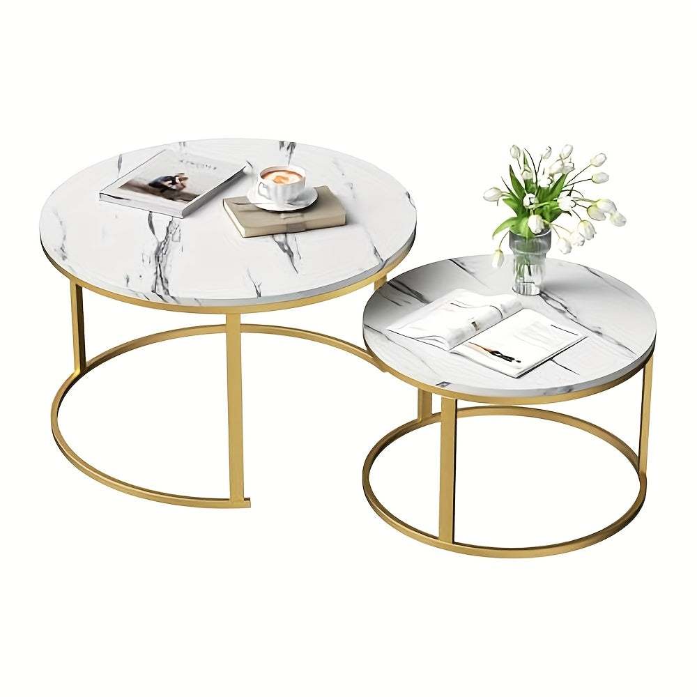 Ronde Salontafel – Koffietafel – Bijzettafel – Sofatafel – Nesting Tafels – Set Van 2 – Witte Marmerlook – Goud Metalen Frame – Ruimtebesparend Design – Stevige Draagkracht
