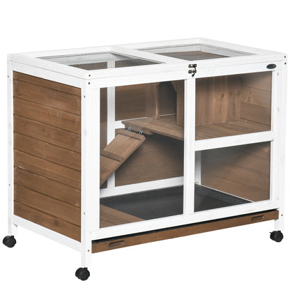 Konijnenren – Konijnenhok – Knaagdierenren – Dierenren – Binnenren – Massief Hout – 2 Verdiepingen Met Dakopening – Wieltjes 91,5x53,3x73 cm – Kastanjebruin
