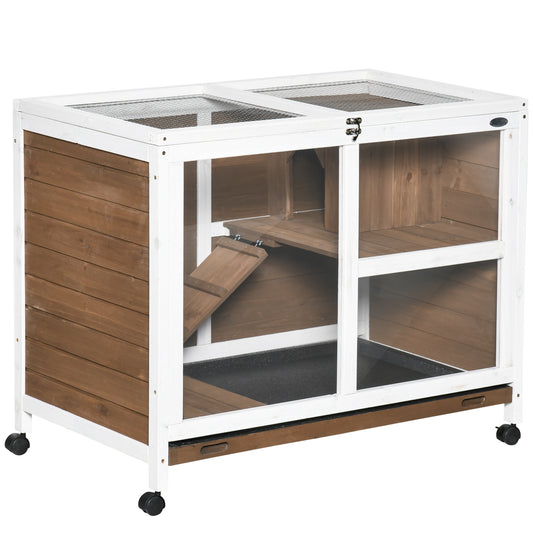 Konijnenren – Konijnenhok – Knaagdierenren – Dierenren – Binnenren – Massief Hout – 2 Verdiepingen Met Dakopening – Wieltjes 91,5x53,3x73 cm – Kastanjebruin
