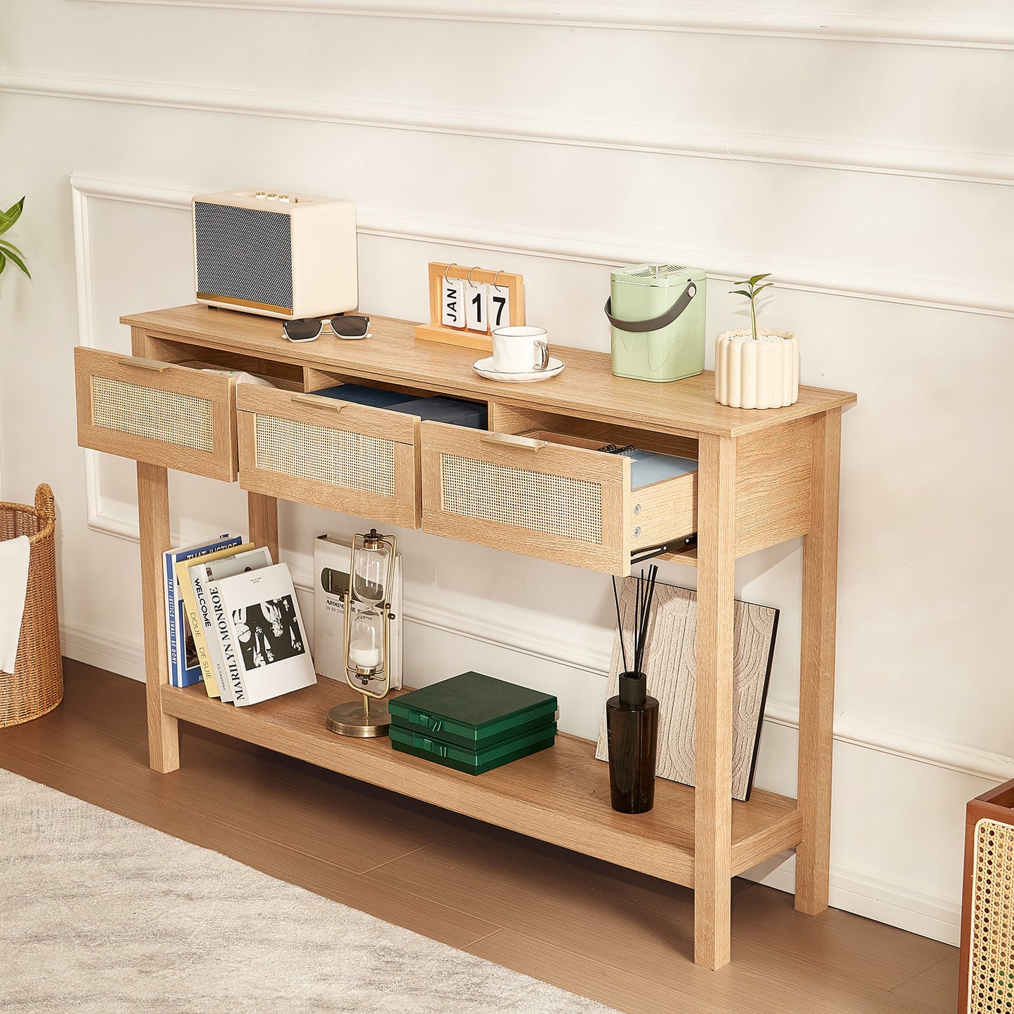 Rieten Sidetable – Rieten Tafel – Opbergtafel – Bijzettafel – Wandtafel – Natuurlijk Riet – 3 Lades – Eenvoudige Montage