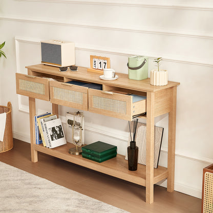 Rieten Sidetable – Rieten Tafel – Opbergtafel – Bijzettafel – Wandtafel – Natuurlijk Riet – 3 Lades – Eenvoudige Montage