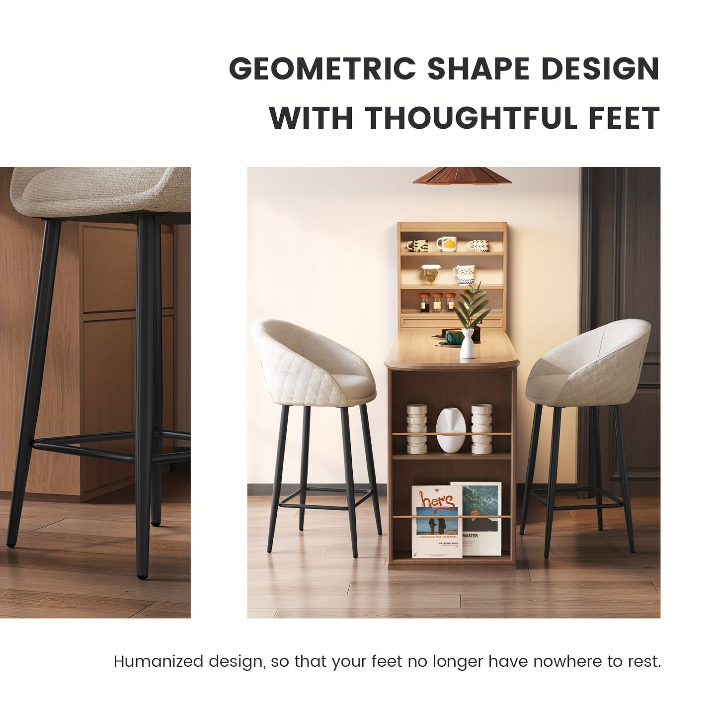 Barkrukken – Barkruk Set – Barstoel – Keukenkruk – Counterkruk – Set Van 2 – Stevige Constructie – Comfortabele Gevoerde Zitting – Lichtbeige Armlos – Minimalistisch Design