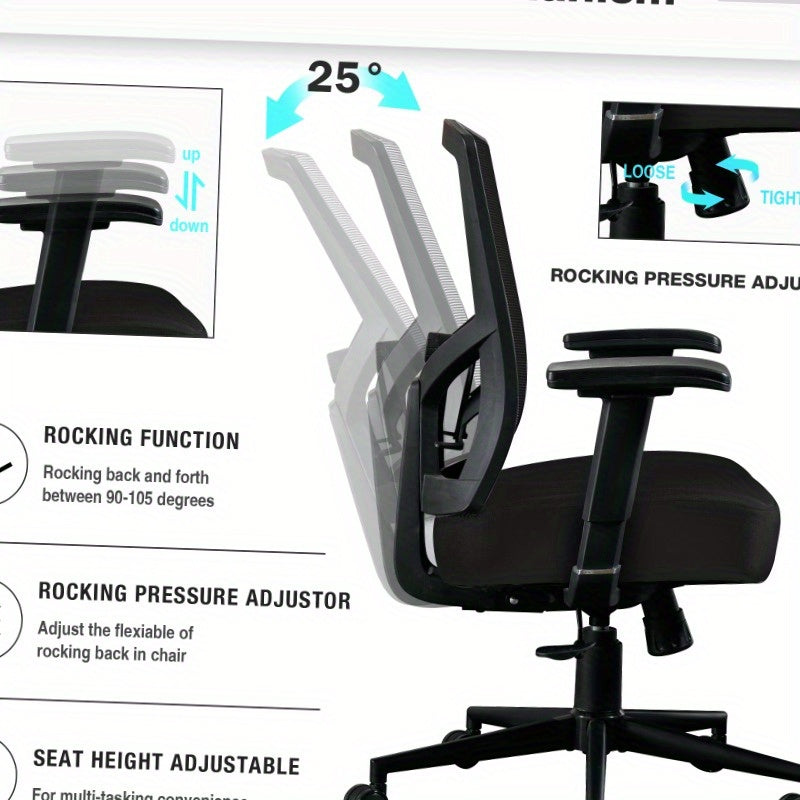 Heavy-Duty Ergonomic Office Chair - High Back Mesh Backrest with Adjustable Height, 2D Lumbar Support & 105° Recline, Swivel Computer Desk Chair, for Home Office, Call Center, Gaming - Supports Up to 200kg/440lbs, Sturdy Whe