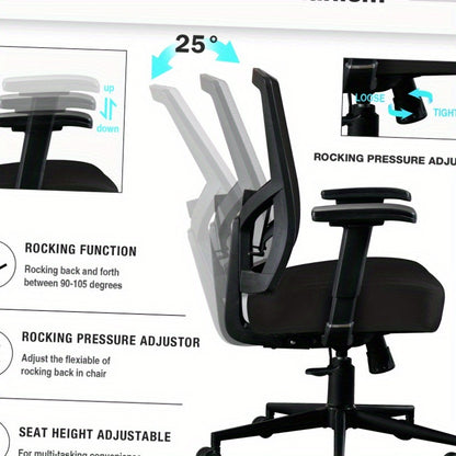 Heavy-Duty Ergonomic Office Chair - High Back Mesh Backrest with Adjustable Height, 2D Lumbar Support & 105° Recline, Swivel Computer Desk Chair, for Home Office, Call Center, Gaming - Supports Up to 200kg/440lbs, Sturdy Whe