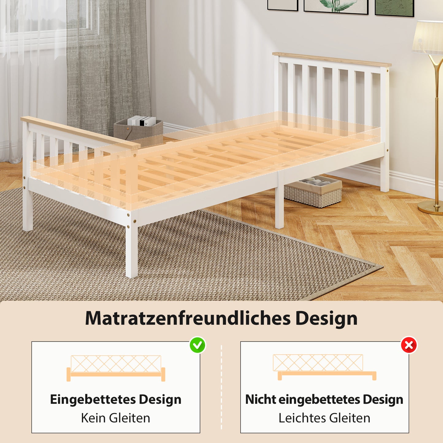 Bedframe Eenpersoonsbed – Eenpersoonsbed – Houten Bed – Kinderbed – Bedombouw – Natuurlijk Hout – Wit Gelakt – Met Opbergruimte Onderbed