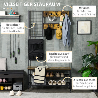 Kapstok – Garderobe – Kledingrek – Wandkapstok – Staande Kapstok – Industrieel Design – 9 Haken – Zitbank Met Schoenenrek – Zwart Bruin – Hout Metaal – 185 cm Hoog