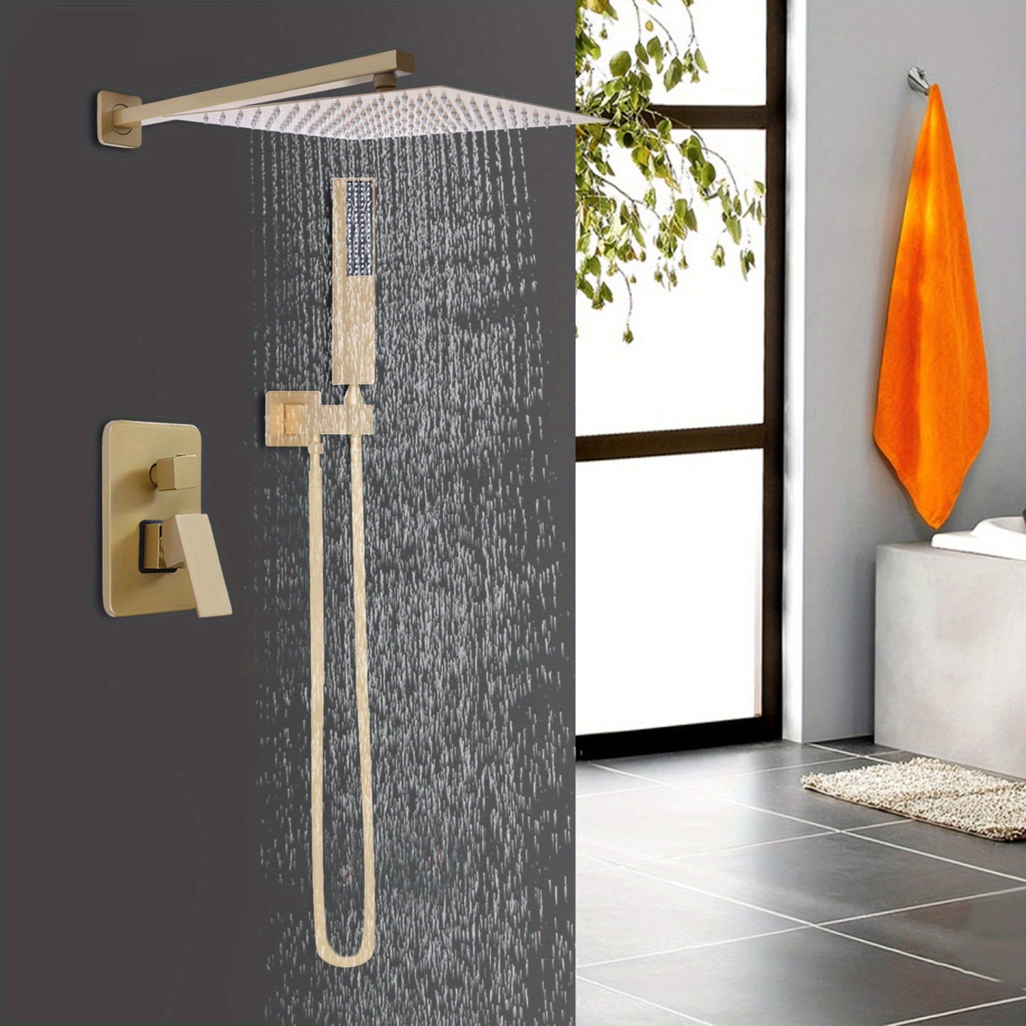Inbouw Doucheset – Regendouche – Handdouche – Thermostaatkraan – Douchestel – 30cm Goudkleurig – Geborsteld Messing – Duale Stralen – Drukbalancerende Cartridge