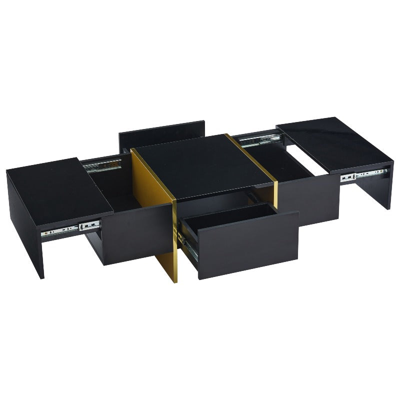 Zwart Salontafel – Koffietafel – Accenttafel – Opbergtafel – Woonkamertafel – Hoogglans Design – 4 Laden – Geen Montage – Compact 100x50x35 cm – Gouden Frame