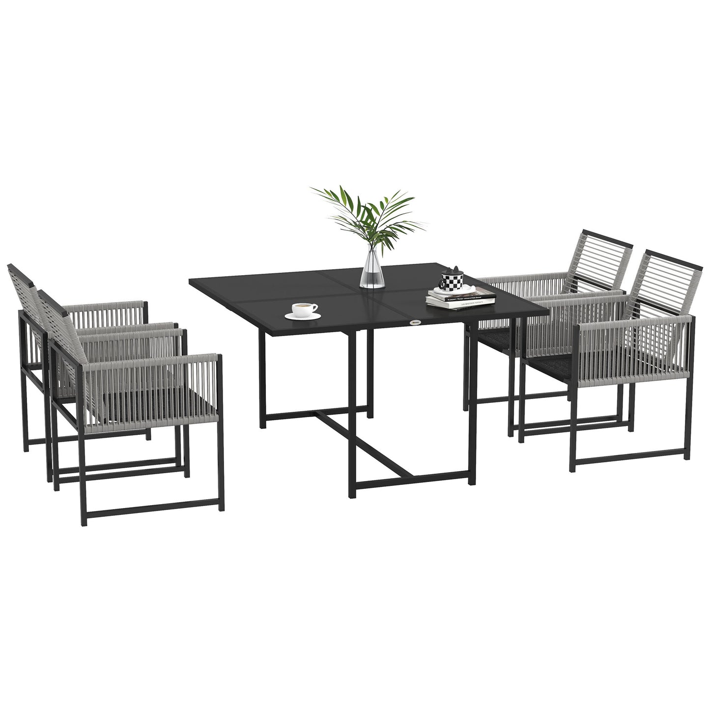 Tuinset – Diningset – Loungeset – Bistroset – Zitgroep – 5-delig – Gehard Glas Tafelblad – Inklapbare Rugleuningen