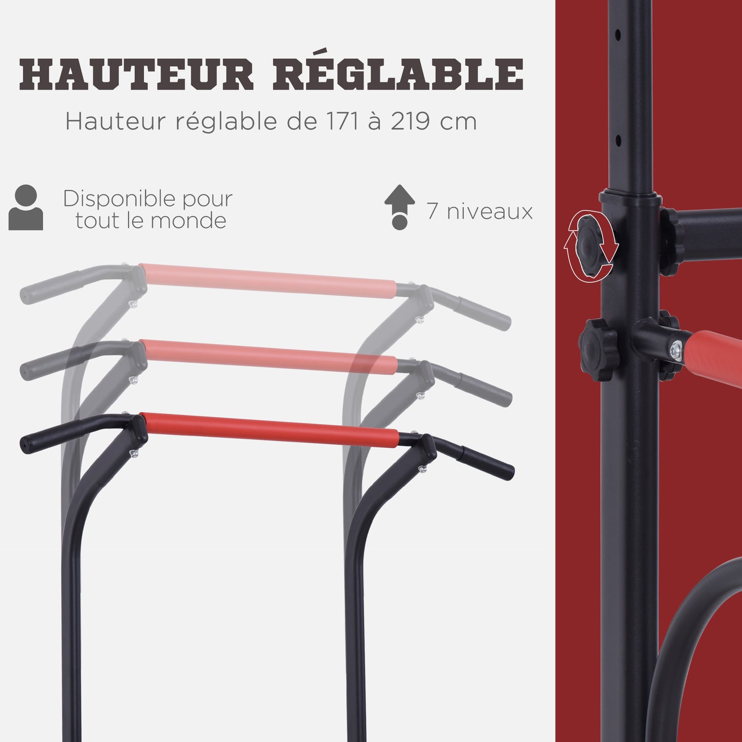 Pull-up Rek – Optrekstang – Fitnessstation – Krachtstation – Home Gym – Verstelbare Hoogte 171-219 cm – Robuust Stalen Frame Zwart/Rood