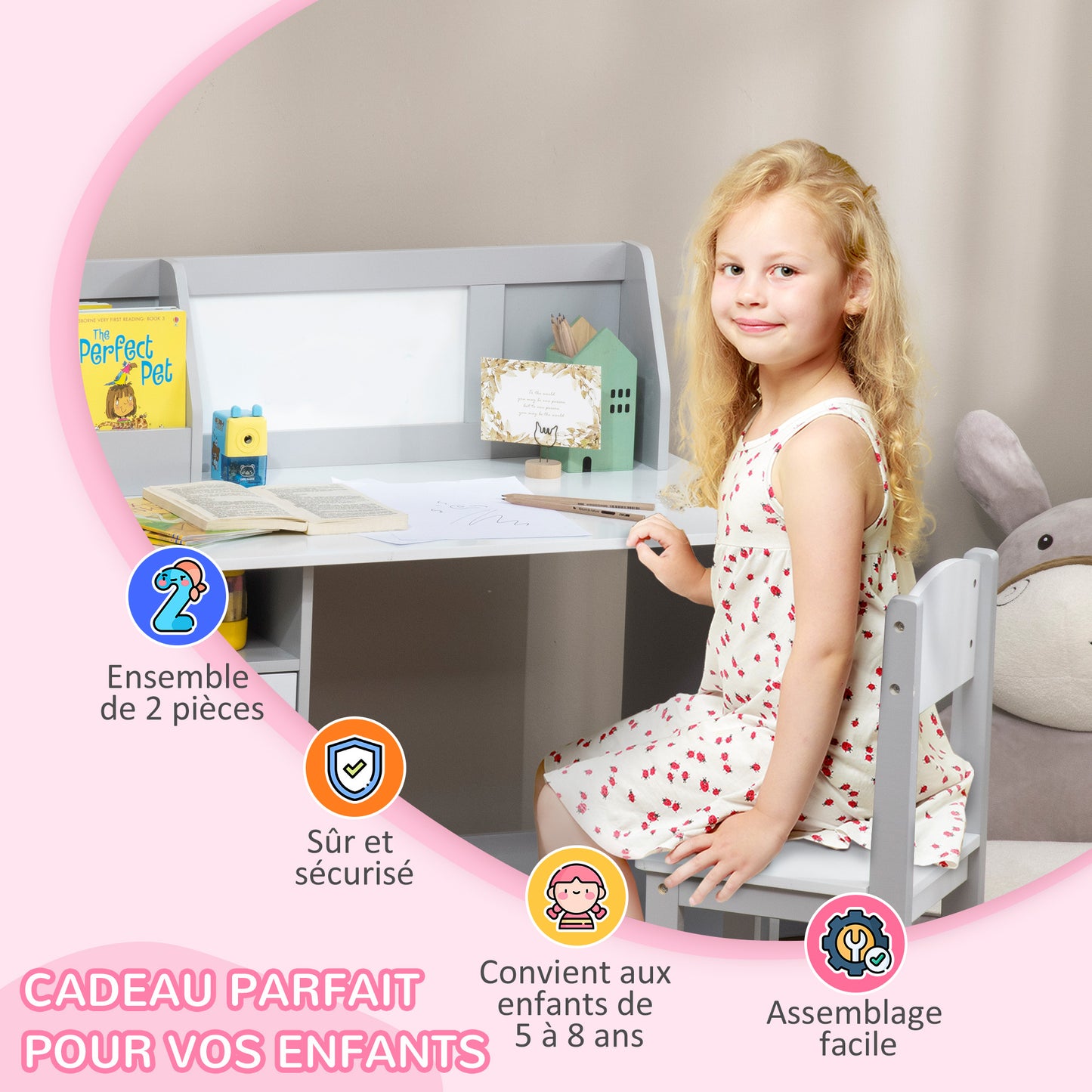 Kindertafel – Kinderbureau – Speeltafel – Kinderstoel – Grijs – Inclusief Whiteboard – Afmetingen 90x45x85 cm