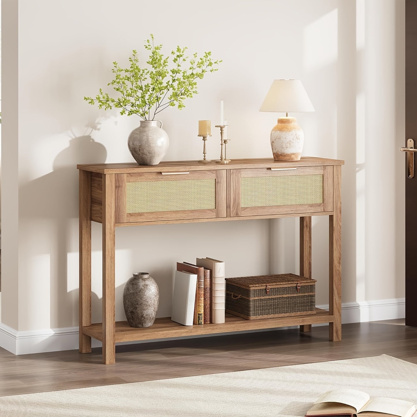 Boho Rustieke Sidetable – Haltafel – Wandtafel – Sofa Tafel – Console Tafel – 2 Lades & Opbergrek – Massief Hout & MDF – 109 cm Lang – 68 KG Draagkracht – Eenvoudige Montage
