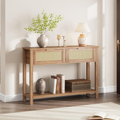 Boho Rustieke Sidetable – Haltafel – Wandtafel – Sofa Tafel – Console Tafel – 2 Lades & Opbergrek – Massief Hout & MDF – 109 cm Lang – 68 KG Draagkracht – Eenvoudige Montage