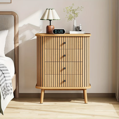 4-Drawer Dresser with Matte Black Handles & Wood Legs - Farmhouse Boho Wicker-Style Bedside Table, Spacious Storage Chest of Drawers, Space-Saving Design, Engineered Wood/MDF Construction, 60x40x79.7cm, Freestanding Nightstan
