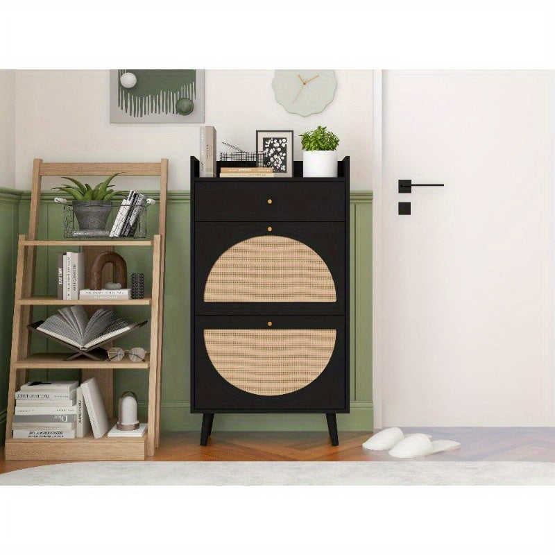 Schoenenkast Rattan – Schoenopberger – Schoenrek – Schoenopslag – Halmeubel – 2 Deuren 1 Lade – Compact 60cm Zwart