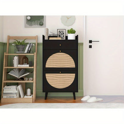 Schoenenkast Rattan – Schoenopberger – Schoenrek – Schoenopslag – Halmeubel – 2 Deuren 1 Lade – Compact 60cm Zwart