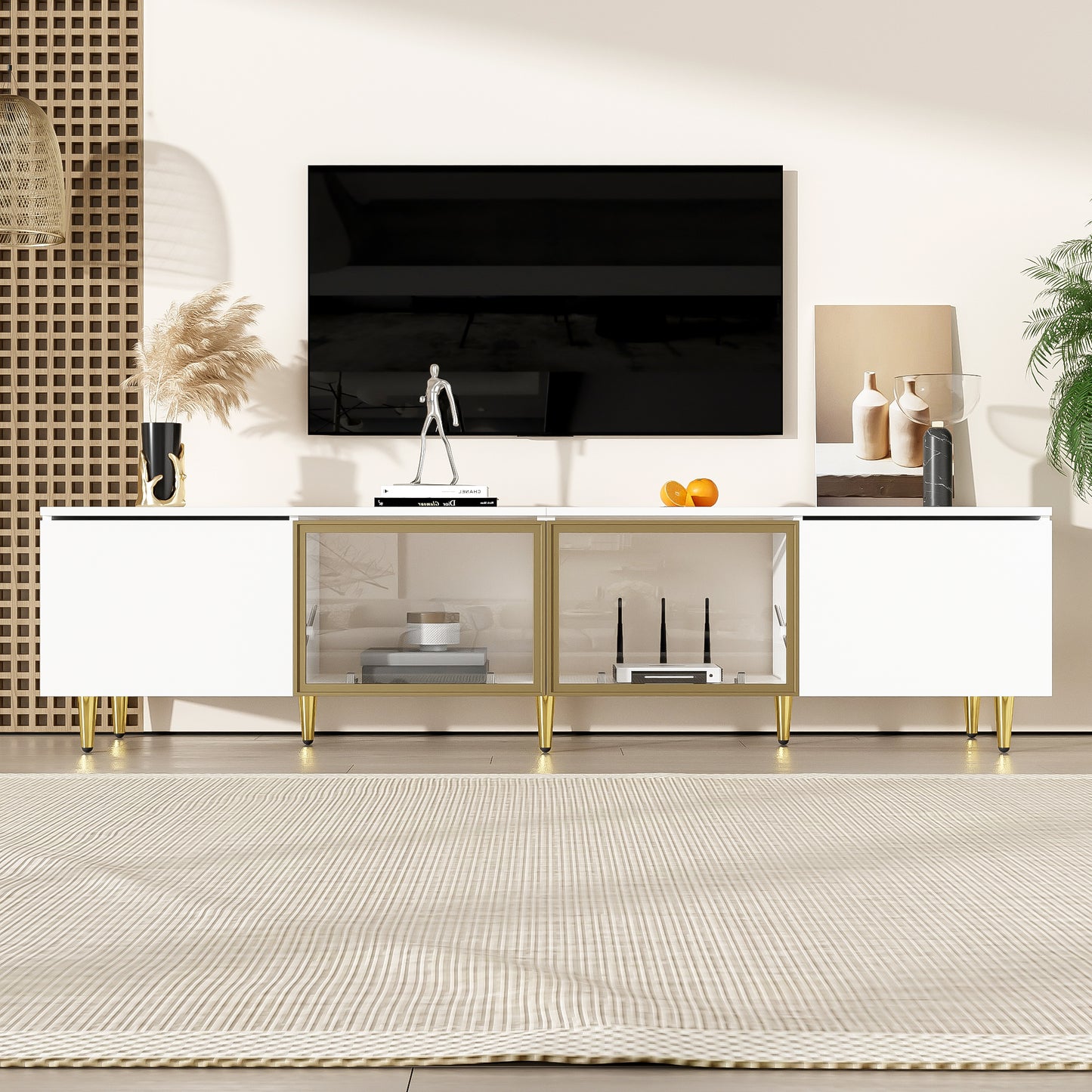 170 cm TV Cabinet – White Minimalist Style, Standing and Wall Mounting, 4 Doors (2 Glass Doors), Versatile Mounting Options, Perfect for Living Room