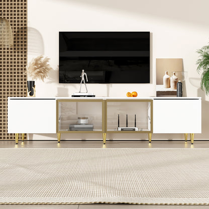 170 cm TV Cabinet – White Minimalist Style, Standing and Wall Mounting, 4 Doors (2 Glass Doors), Versatile Mounting Options, Perfect for Living Room