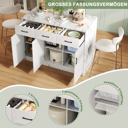 Grote Keukenisland – Keukeneiland – Buffetkast – Modern Meubel – Eilandkast Wit Marmer – 120x60x90,5 cm – Soft-Close Lades – Verstelbare Planken