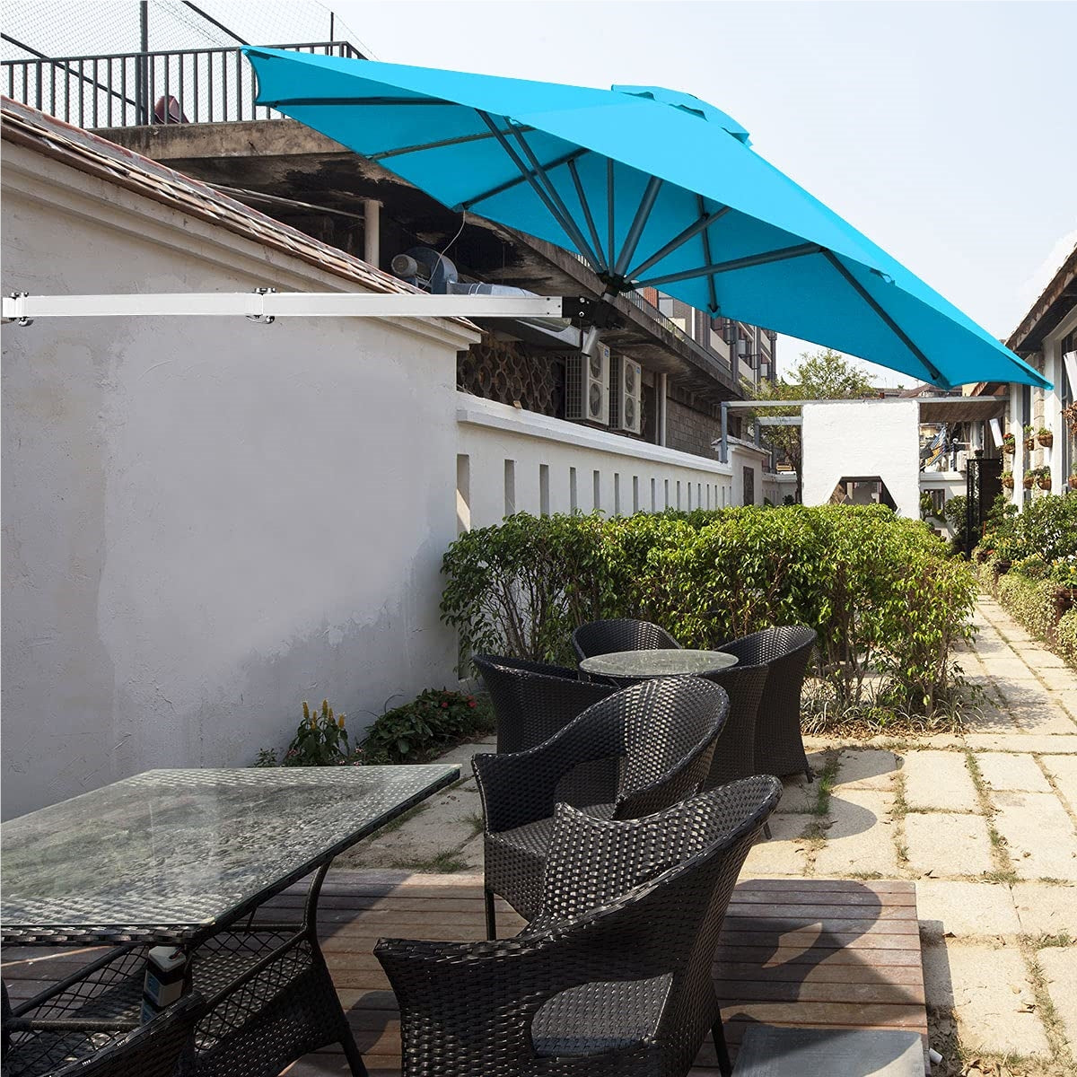 Wandparasol – Muurparasol – Balkonparasol – Tuinparasol – Zonnescherm – Kantelbaar en Draaibaar – Aluminium Frame en Waterafstotend Doek – Ø 250 cm – Turquoise