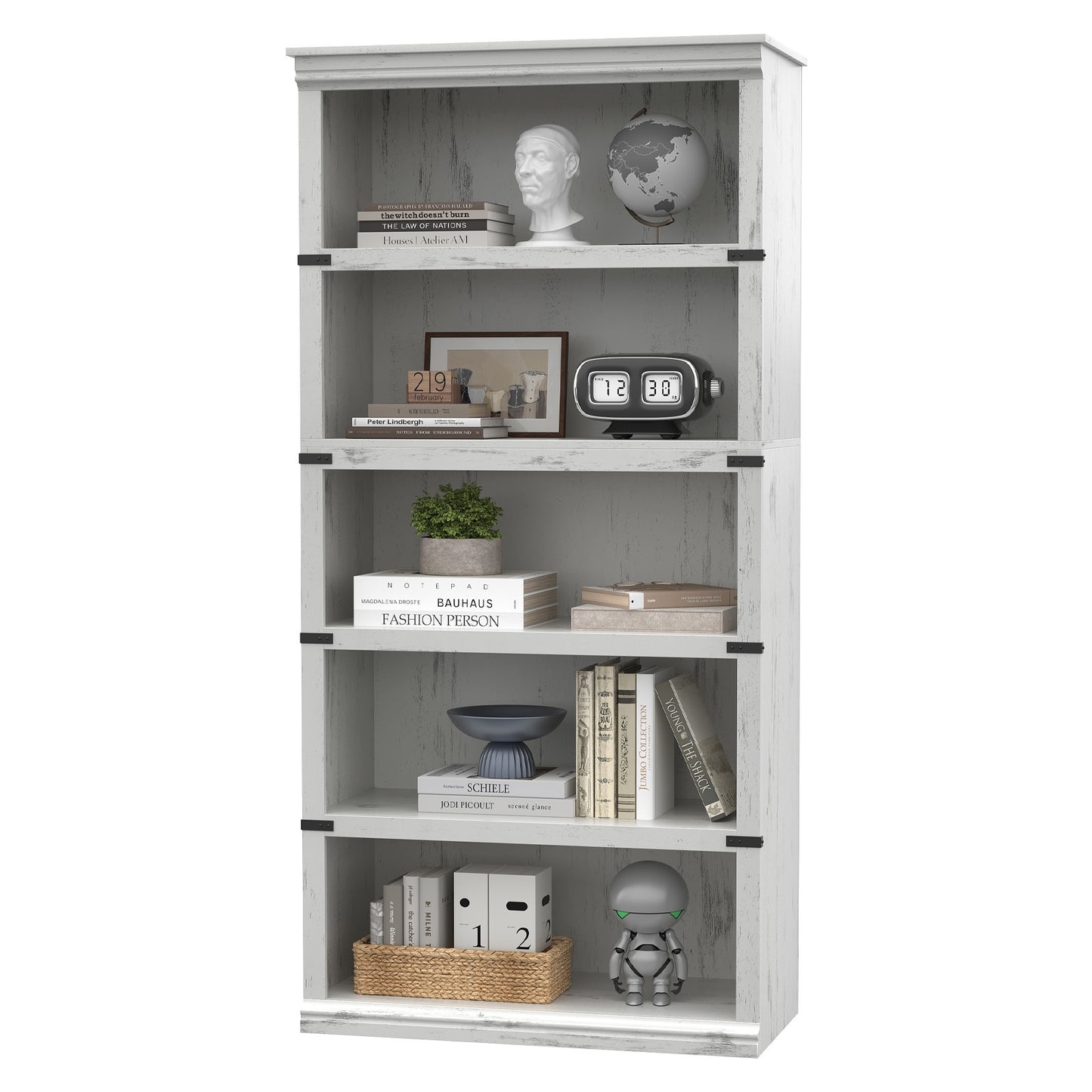 TACKVIEW Retro Style Bookcase - 800x320x171, 5.08 cm Antique White/Black Wooden Shelf with 6 Shelves, 2 Drawers & 2 Open Shelves, Freestanding Vertical Storage for Living Room, Bedroom, Office - Easy Assembly, Durable MDF & W