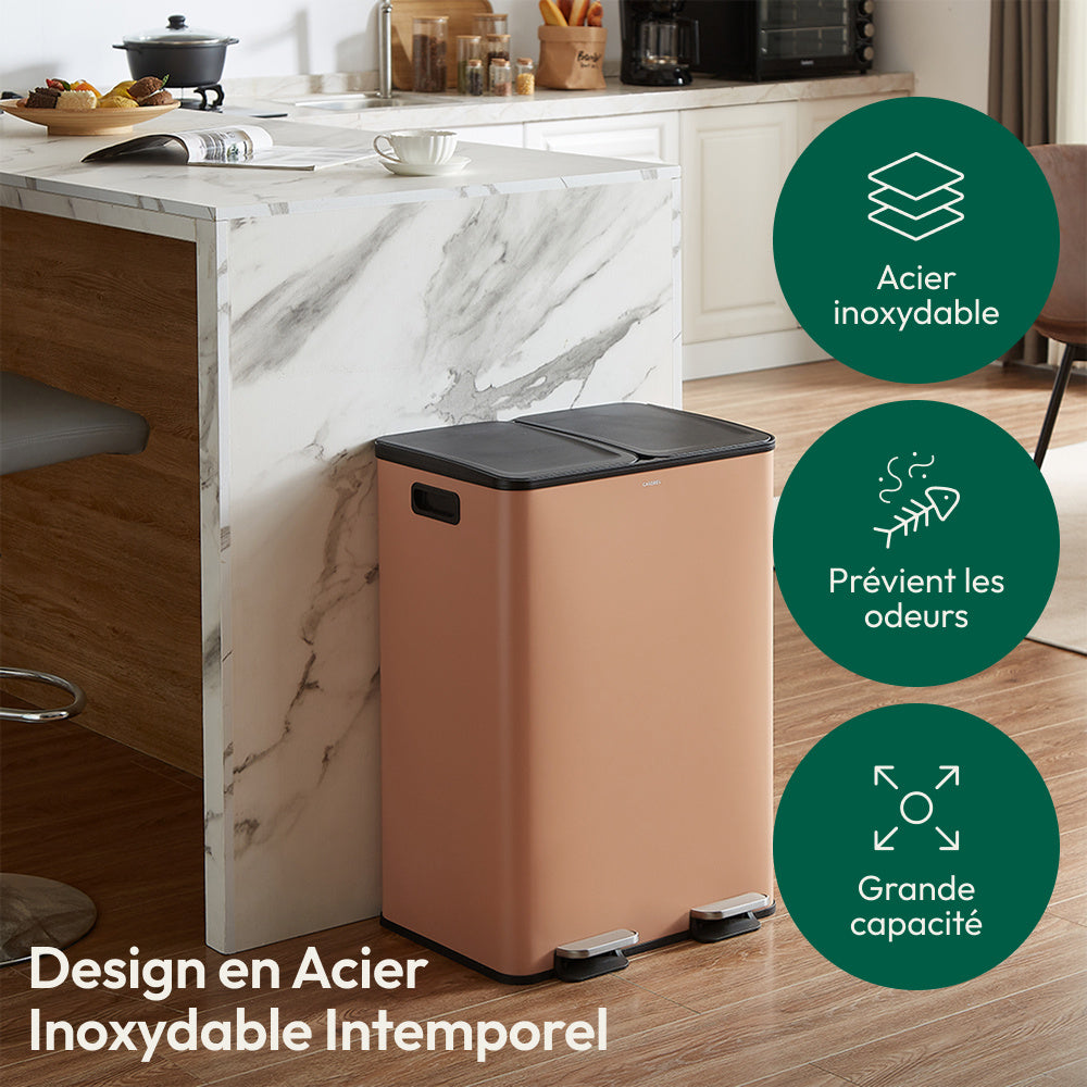 Afvalbak Keuken – Prullenbak – Vuilnisbak – Recyclingbak – Afvalemmer – 60 Liter – RVS Geborsteld Met Dubbele Compartimenten En Pedaalbediening
