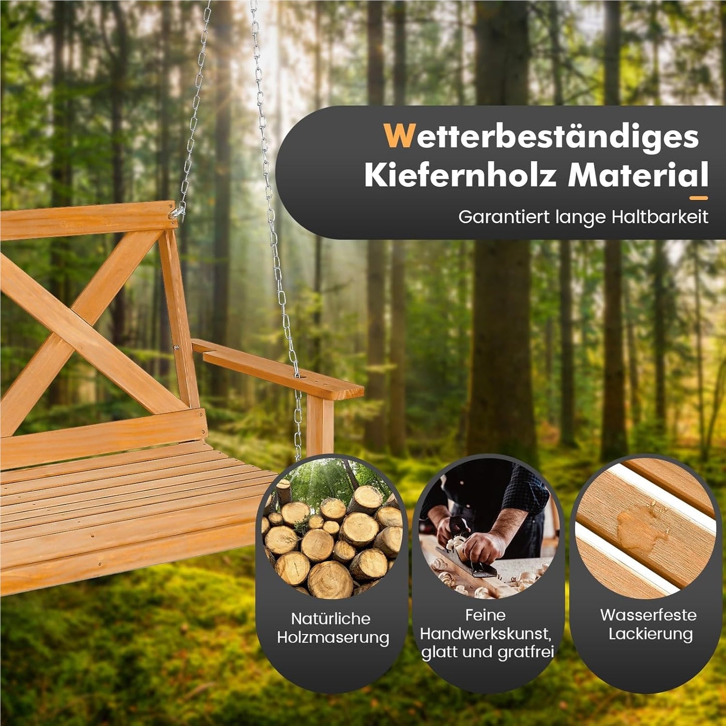 Schommelbank – Tuinschommel – Hangbank – Buitenbank – Verandaschommel – Houten 2-zits – Weerbestendig Dennenhout – Verstelbare Ophanghoogte