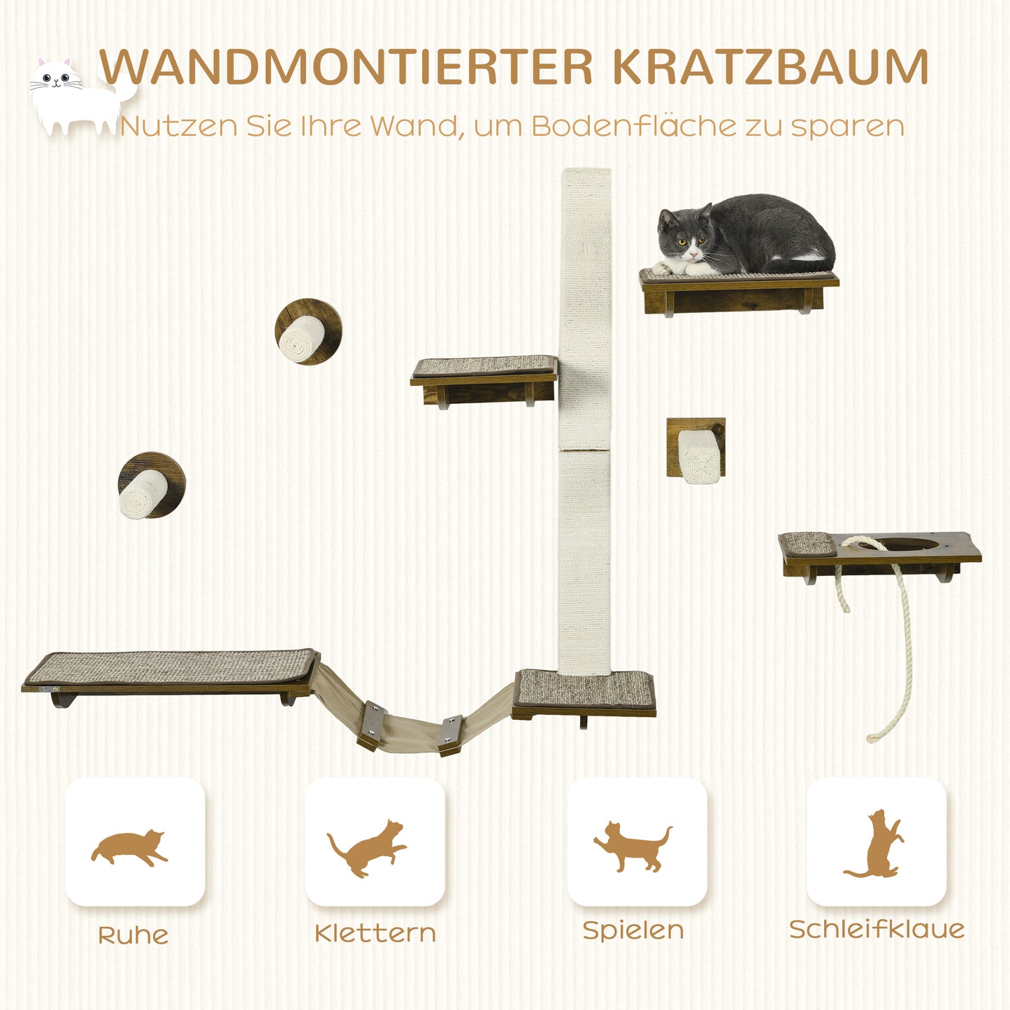 Krabpaal – Kattenkrabpaal – Kattenhuis – Kattenboom – Kattenmeubel – Duurzaam Materiaal – 8-delige Kattentrap Set Bruin/Crème Wit