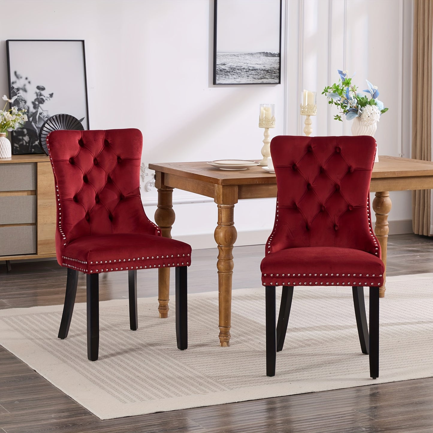 2pcs Classic Burgundy Red Velvet Dining Chair Set - Modern Luxury Quilted Upholstery with Solid Wood-Like Legs & Nailhead Trim, Plush Cushioning for Elegant Kitchen, Dining Room, or Home Office - Easy-Clean Furniture (No Fabr