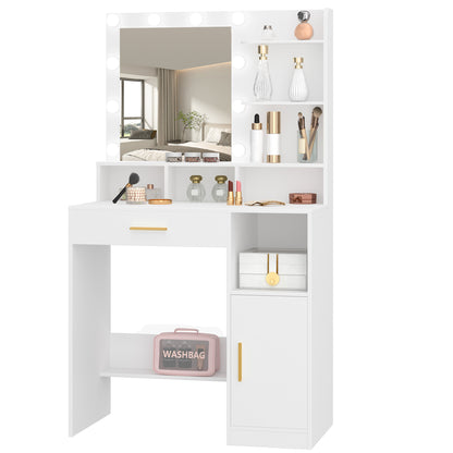 Sieradendoos – Juwelendoos – Sieradenkast – Make-uptafel – Opbergkast – Met Spiegel – 10 Verstelbare LED-Lampjes – Ruime Opbergruimte met Lade en Kast