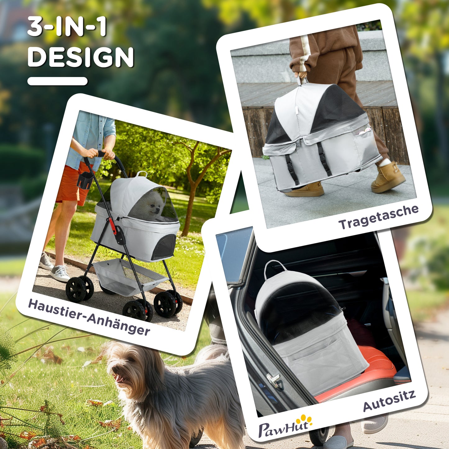 Huisdierrenwagen – Dierenwagen – Wandelwagen – Draagmand – Transportkar – Lichtgrijs – 3-in-1 Inklapbaar Ontwerp – Afneembare Regenhoes