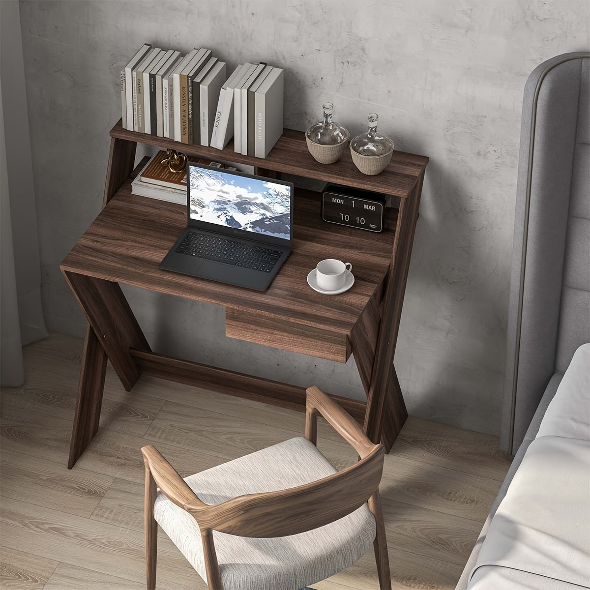 Bureau – Computerbureau – Schrijftafel – Werktafel – Laptoptafel – Compact – Walnoot Met Lade En Ergonomische Monitorverhoger