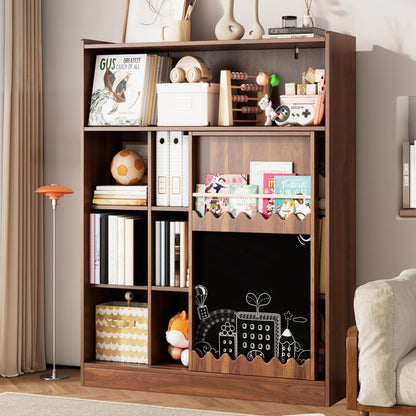 Boekenkast – Boekenrek – Opbergkast – Stellingkast – Vakkenkast – Metalen Boekenkast Retro Bruin – Krijtbord Schuifdeuren – 100 kg Draagkracht – 9 Vakken – Kant-en-klaar – Smal Verticaal Design
