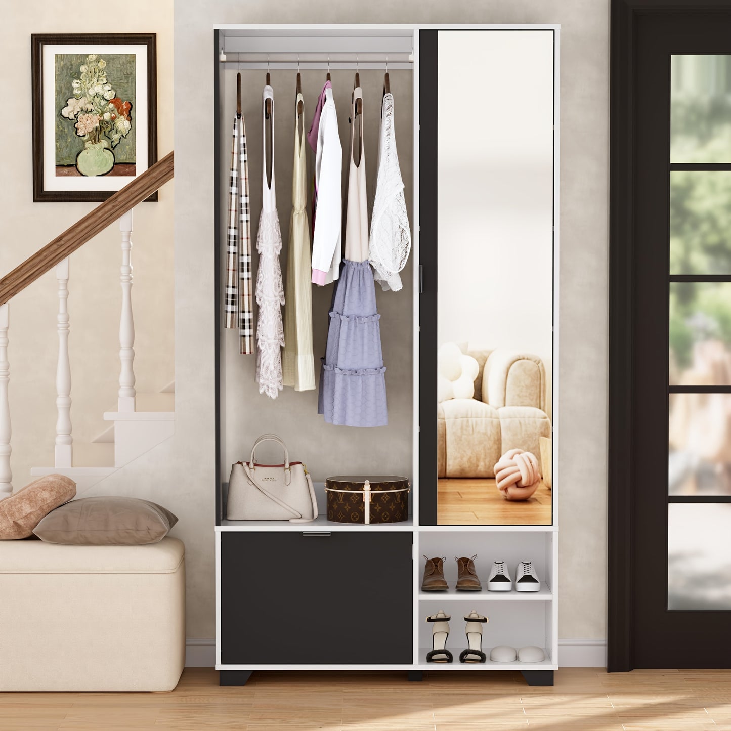 Witte Slaapkamerkast – Kledingkast – Opbergkast – Garderobekast – Spiegelkast – Compact Vrijstaand Design – Ruim Met Spiegel 144x55 cm – Hoogwaardig Massief Hout