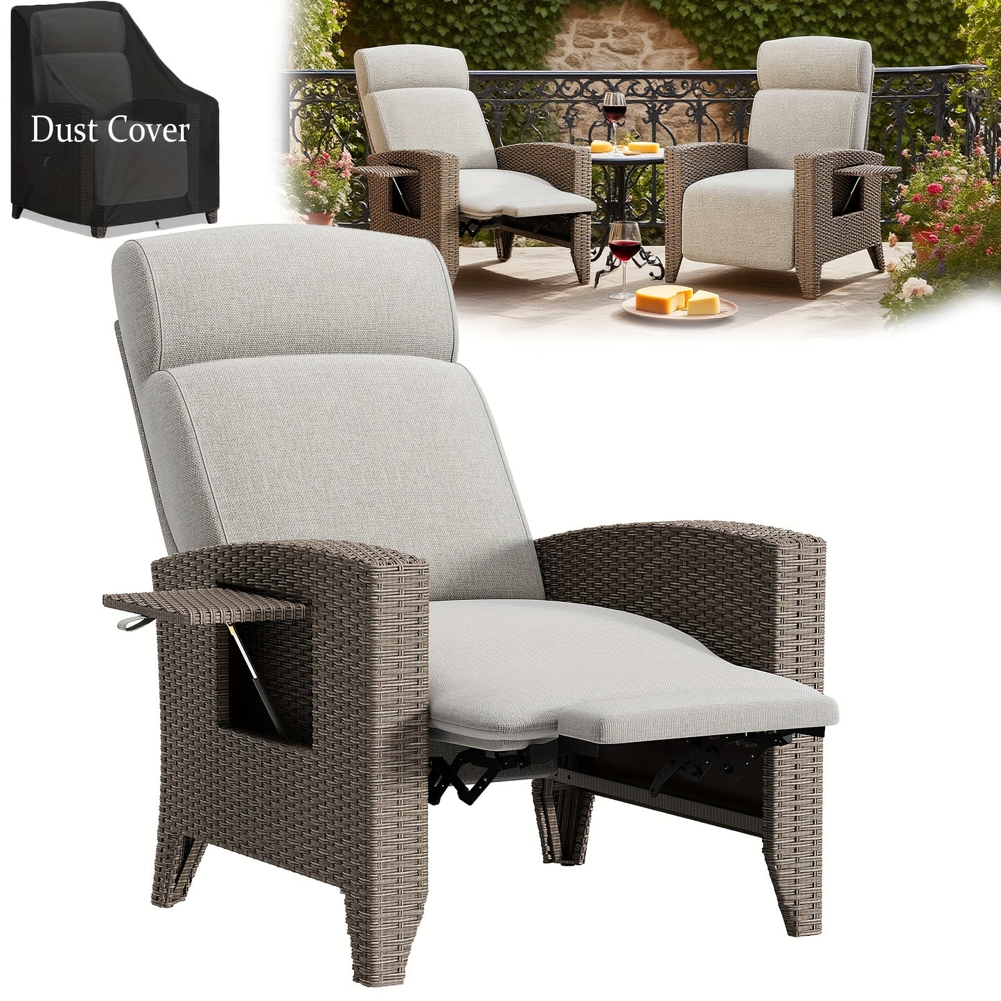 Ligbed – Lounger – Zonnebed – Ligstoel – Tuinstoel – Verstelbare Rugleuning 95°-165° – Inclusief Inklapbare Zijtafel en Dust Cover