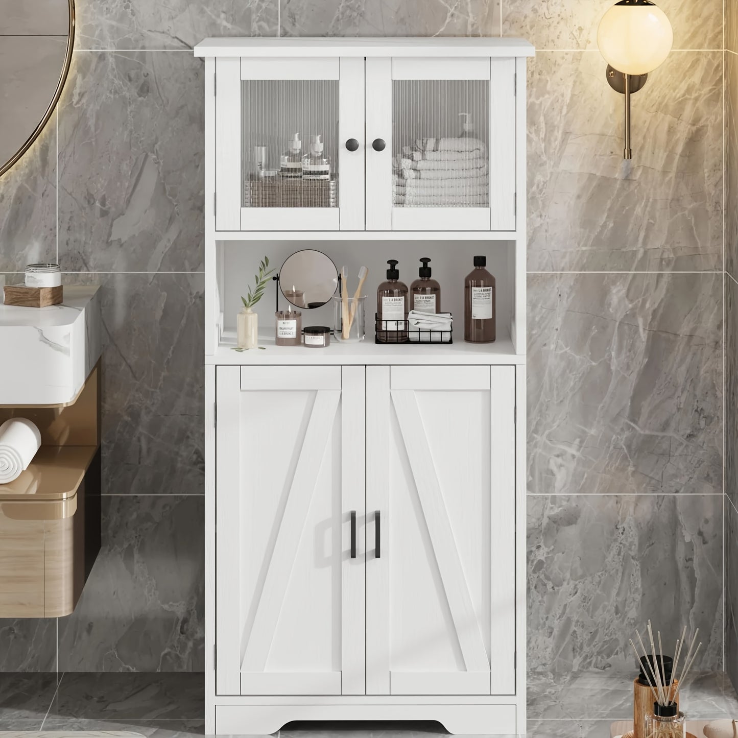 Vrijstaande Kast – Opbergkast – Badkamerkast – Keukenkast – Vitrinekast – Glazen Deuren – Verstelbare Planken – Duurzaam Polyester – Smal & Hoog Design
