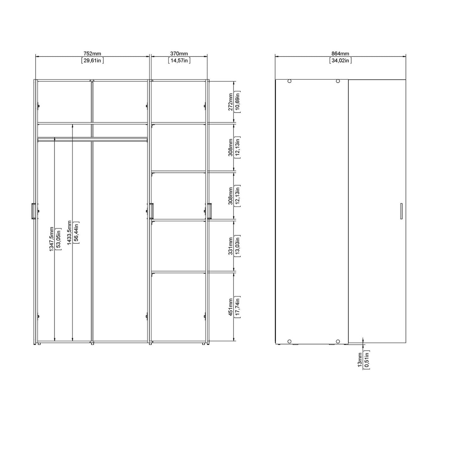 Wardrobe 3 Doors Before Dsegr, Mobile Bed Camera, Walk-In Closet, Coat Closet, 115X49 H175 Cm, White