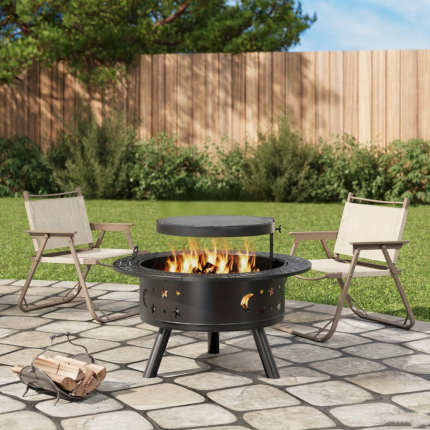 Buitenhaard – Tuinhaard – Vuurkorf – Barbecue – Grill – 2-in-1 Buitenhaard en Barbecue – Draaibaar en In Hoogte Verstelbaar Grillrooster – Hittebestendig Metalen Constructie