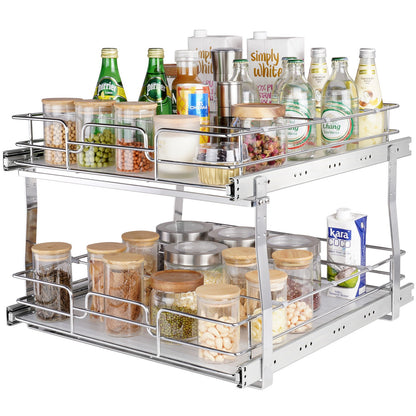 Uittrekmand Keukenkast – Uitschuifmand – Keukenorganizer – Kastmand – Opbergbak – Chroomgecoat Staal – 2 Laags Met Max. Draagvermogen 30 Kg