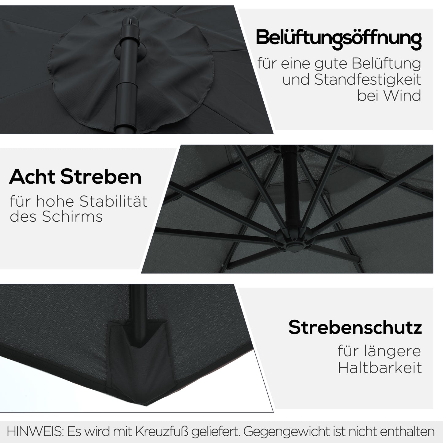 Parasol – Tuinparasol – Balkonparasol – Terrasparasol – Strandparasol – Stevig Stalen Frame – Handkurk Openen – Grijs Ø 2,95 m