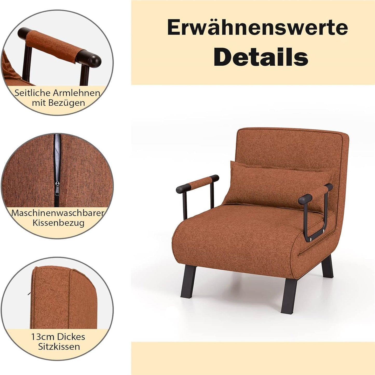 4-in-1 Slaapbank – Slaapstoel – Loungestoel – Opvouwbare Bank – Eénpersoonsbed – 6-voudig Verstelbare Rugleuning – Comfortabel Linnen Met Katoenen Vulling – Coffee Gray