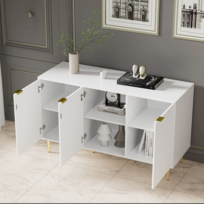 Dressoir – Ladekast – Opbergkast – Buffetkast – Kast – Modern Design – 127x45x75 cm – MDF Hout – Goudkleurige Accenten – Witte Afwerking – 6 Compartimenten – Afgeronde Hoeken