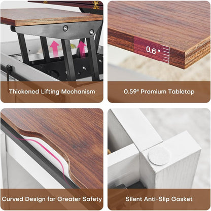 Salontafel – Koffietafel – Bijzettafel – Eettafel – Werkstation – Massief Hardhout – Verstelbaar Lift-Top Mechanisme