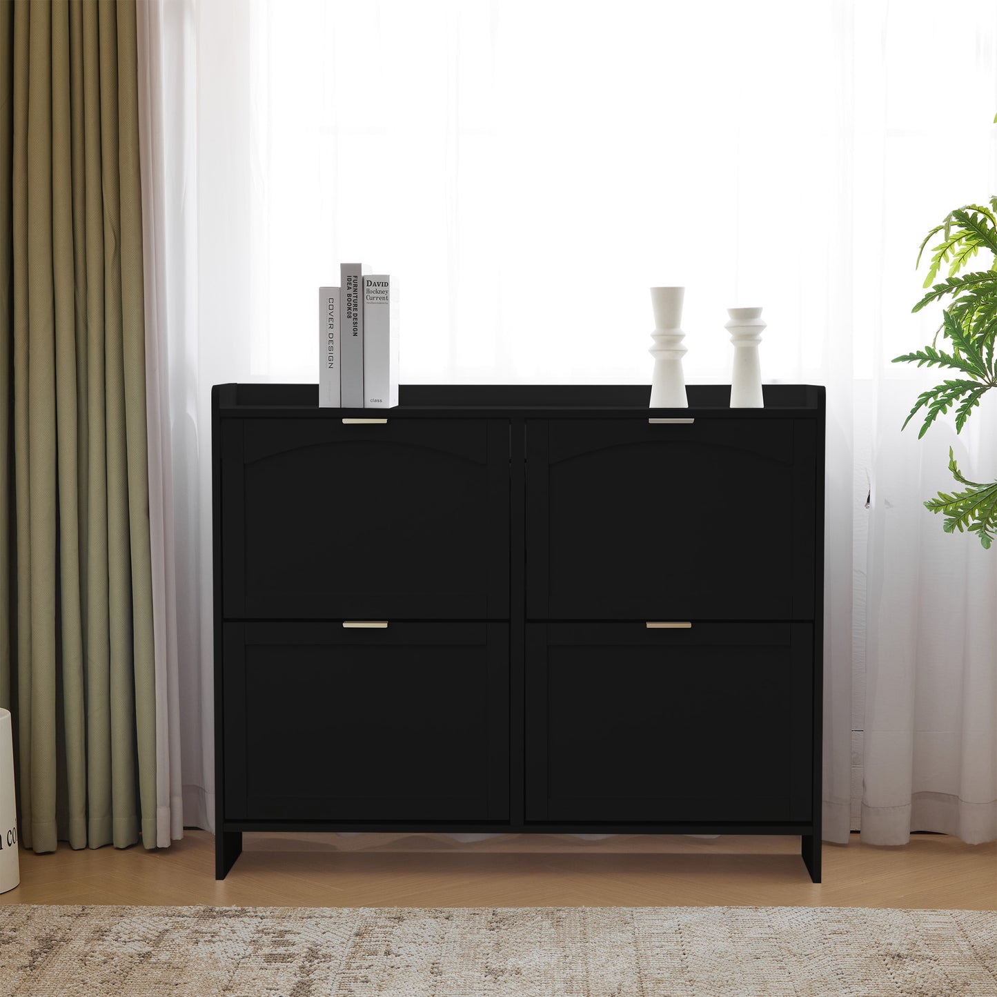 Modern shoe cabinet, with 4 folding compartments, freestanding shoe rack, open storage surfaces, suitable for entry area or hway, Black, Dimensions: W110/H90/D24 cm