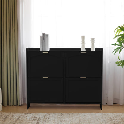 Modern shoe cabinet, with 4 folding compartments, freestanding shoe rack, open storage surfaces, suitable for entry area or hway, Black, Dimensions: W110/H90/D24 cm